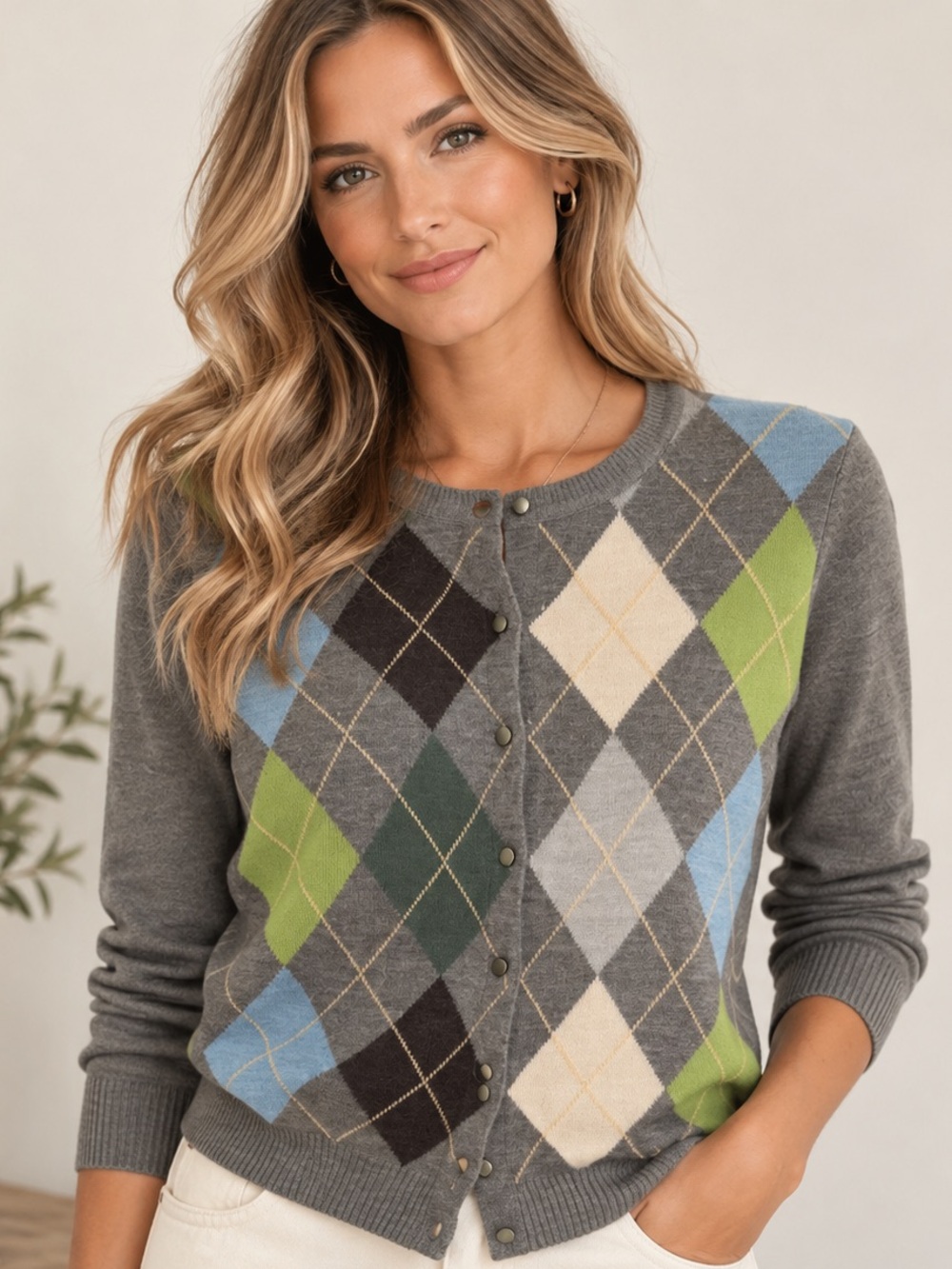 G.H. Bass Carli Argyle Cardigan Sweater Gray Preppy Green Blue Size L NWT
